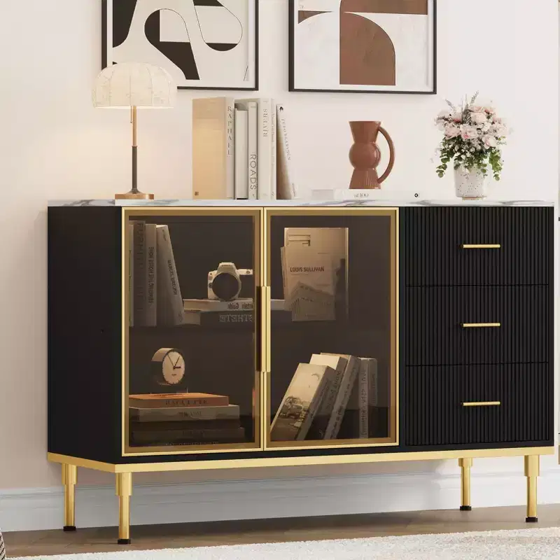 Sideboard Buffet Cabinet with 3 Drawers & Glass Doors | Faux Marble Top Storage Cabinet