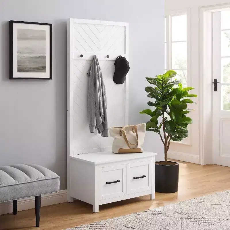 Hall Tree with Storage Bench – White, Herringbone Back, 4 Hooks