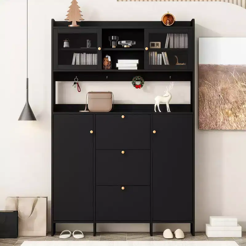 Entryway Shoe Cabinet with Flip Drawers, Contemporary Shoe Cabinet with Open Storage Platform, Tempered Glass Hall Tree For Hallway Entryway