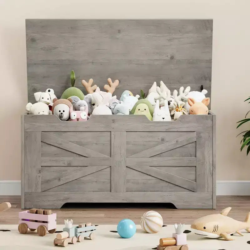 Versatile Wooden Storage Bench with Safety Hinge Lid - Farmhouse Style Chest and Toy Organizer for Entryway, Living Room, Bedroom