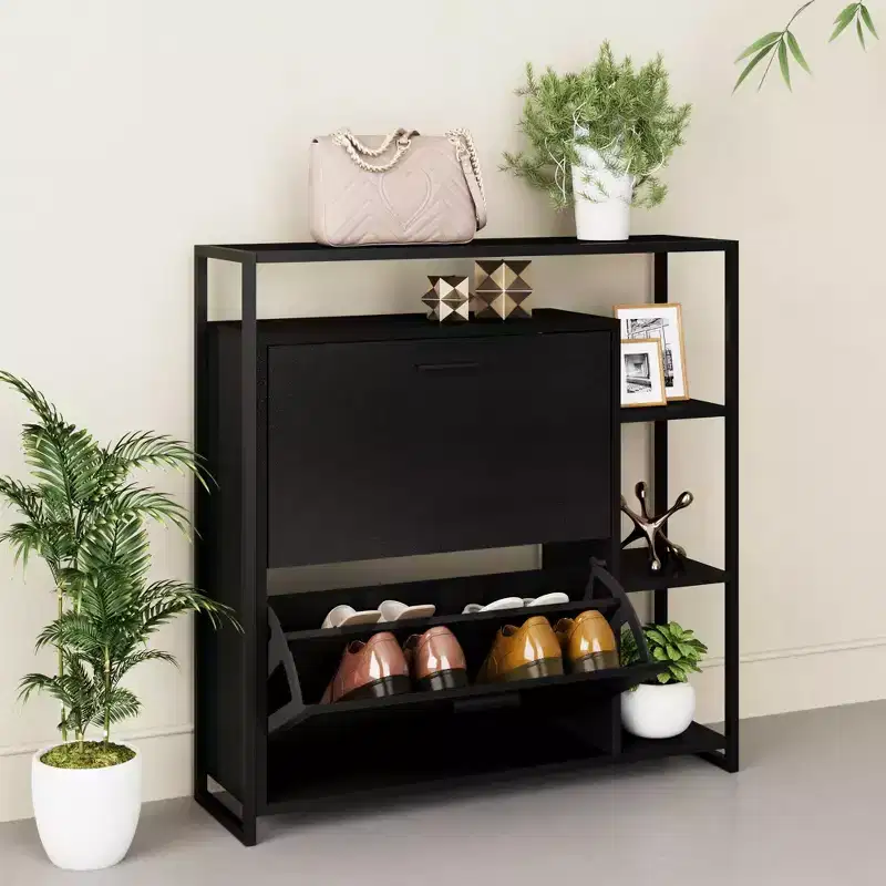 2 - Door Shoe Cabinet with 4 Shelves, Modern Storage Organizer, Black Metal Frame, 2 Flip Drawers