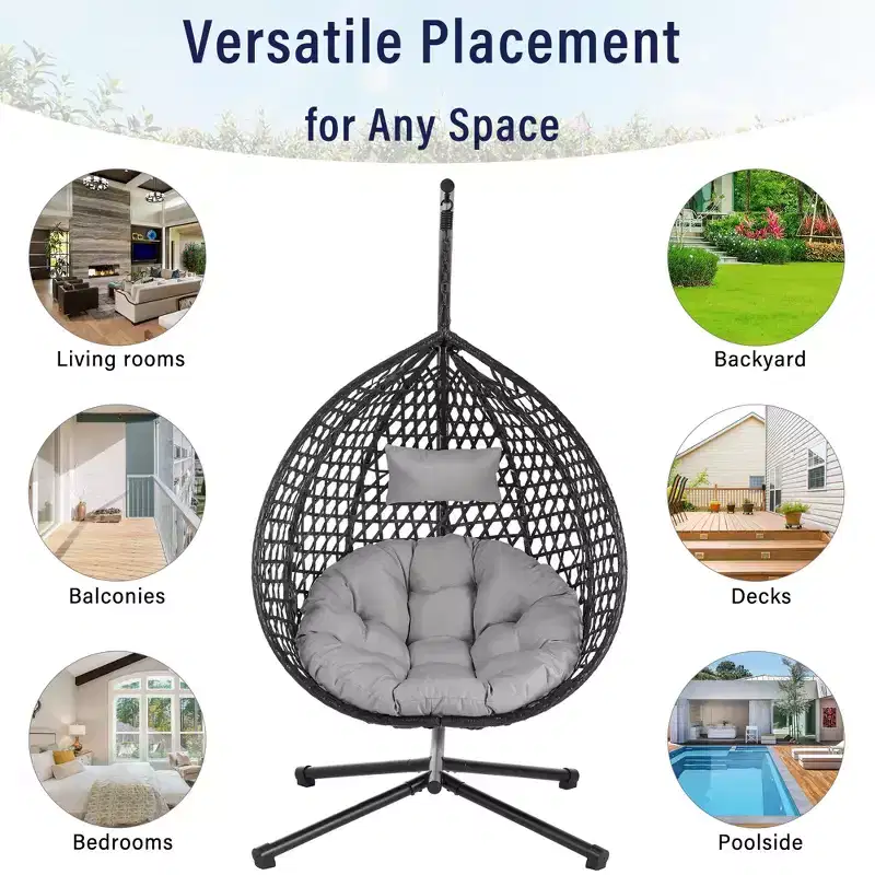 GDFStudio Anderson Hanging Egg Rattan Chair with Stand and Soft Removable Cushion
