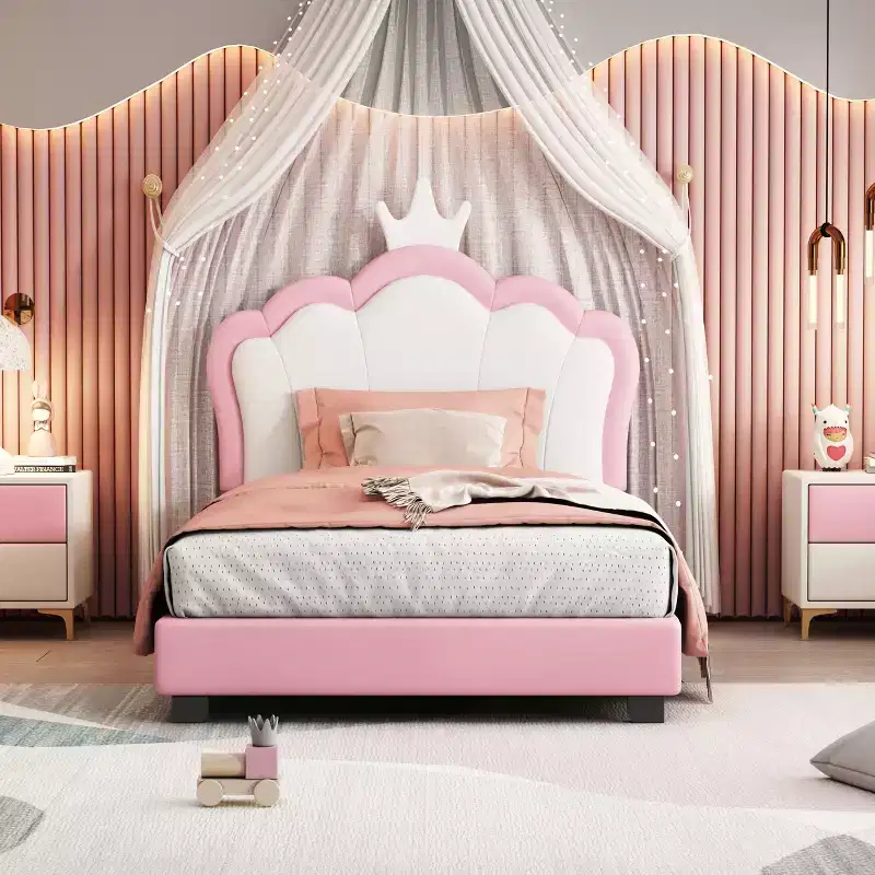 Twin/Full Princess Bed with Crown Headboard, PU Leather Pink Platform Bed Frame for Kids Bedroom