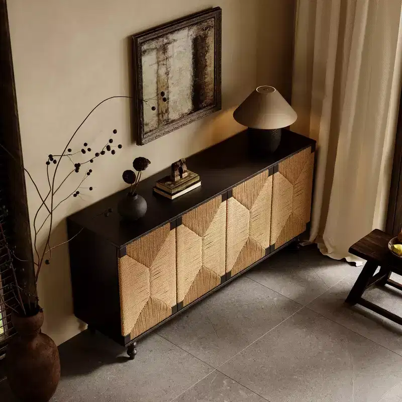 Natural Accent Sideboard Buffet Cabinet, Wood TV Stand with Handwoven Seagrass Doors, Black Woodgrain Finish