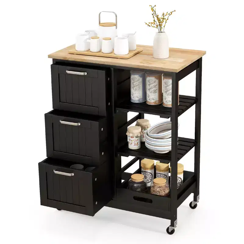 Costway Rolling Kitchen Island Utility Storage Cart w/ 3 Storage Drawers & Shelves White/Black/Grey