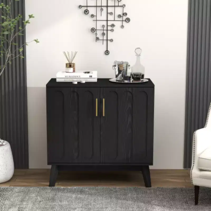 32 Mid-Century Modern Fluted Accent Storage Cabinet, Small 2-Door Sideboard with Solid Wood Legs and Gold Handles