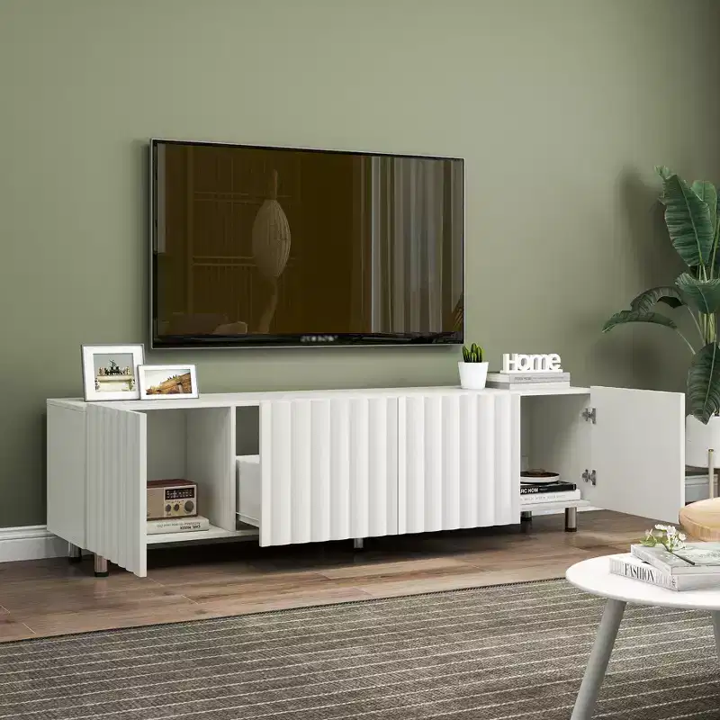 70-inch modern TV stand, suitable for 65-inch and larger televisions, featuring storage space and two drawers, ideal for living rooms, white