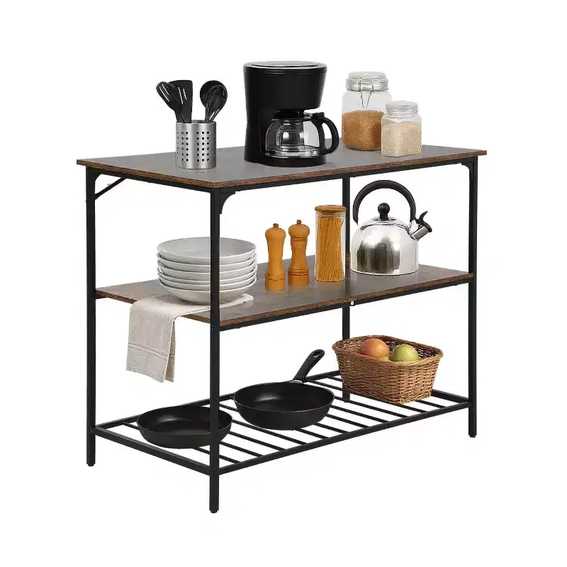 FDW 3-Tier Kitchen Island Storage Kitchen Counter with Adjustable Feet Thick Board Top and Solid Metal, Brown