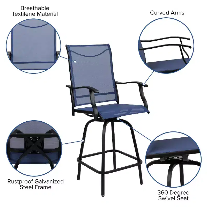 Merrick Lane Set of 2 Brett High Back Bar Height Swivel Patio Stools with Powder Coated Metal Frames and Textilene Upholstery