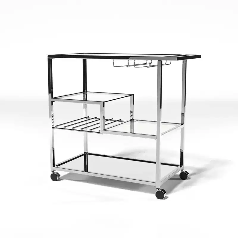24/7 Shop At Home Kayla Cart Chrome: Tempered Glass Shelves, Wine & Stemware Racks, Rolling Design