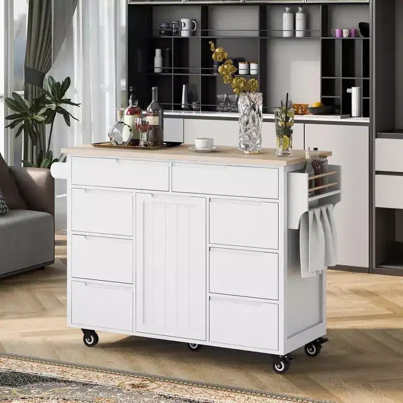 Rolling White Rubber Wood Countertop 53 in. Kitchen Island Cart with 8 Handle-Free Drawers, 5 Wheels