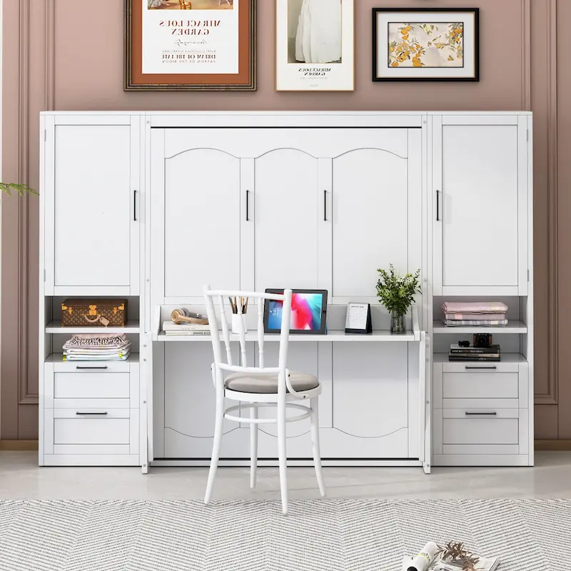 Queen Size Murphy Bed Wall Bed with Closet, Desk, Drawers and Shelves