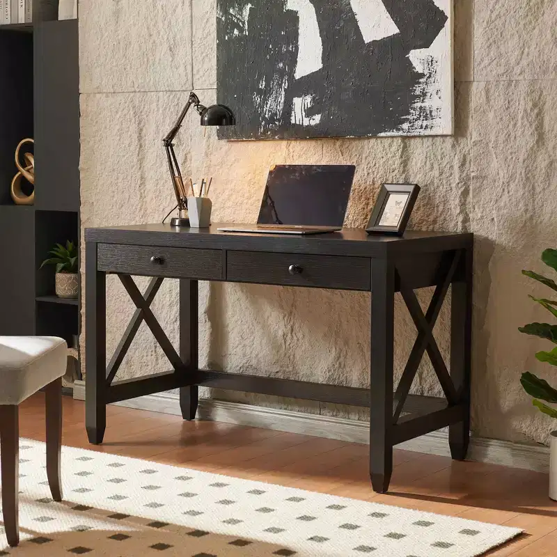 TUYOHW Wooden Home Office Desk,Wooden Knob Handles Writing Table with Two Drawers,X-Brace Leg Frame,Floating Computer Desk for Office,Study,Bedroom