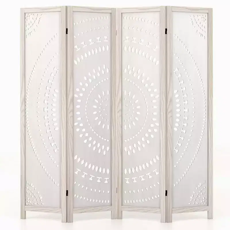Costway 66 Boho 4-Panel Room Divider with Carved Pattern & Solid Wood Frame 360 Hinges