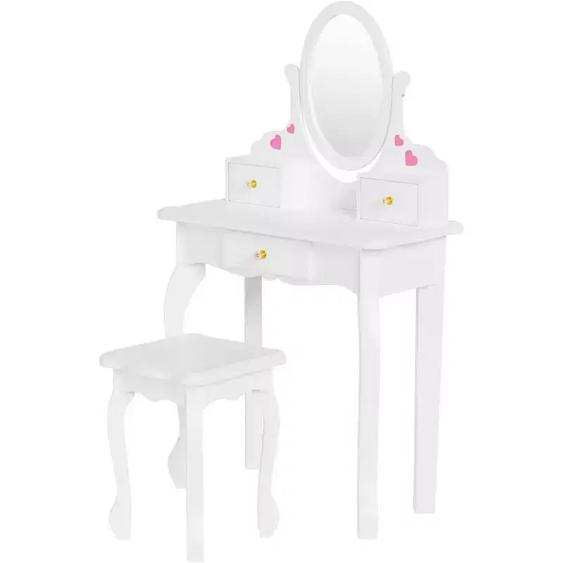 JOYMOR Kids Vanity Set with 3 Drawers, Princess Makeup Table & Chair with Rotatable Mirror for Girls