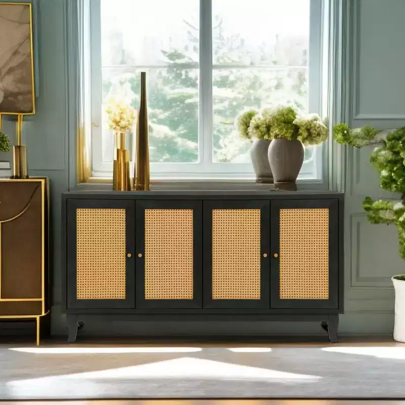 Rattan Sideboard Buffet Cabinet,Accent Storage Cabinet with Rattan Doors, Freestanding Sideboard Storage Cabinet for Entryway Living Room Hallway