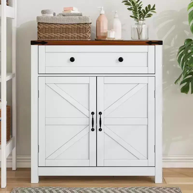 Modern Storage Cabinet with Walnut Countertop and Adjustable Shelf, Bar Cabinet for Kitchen, Dining Room, Entryway