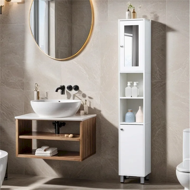 Tall Bathroom Storage Cabinet with Mirror,Freestanding Tower Cabinet