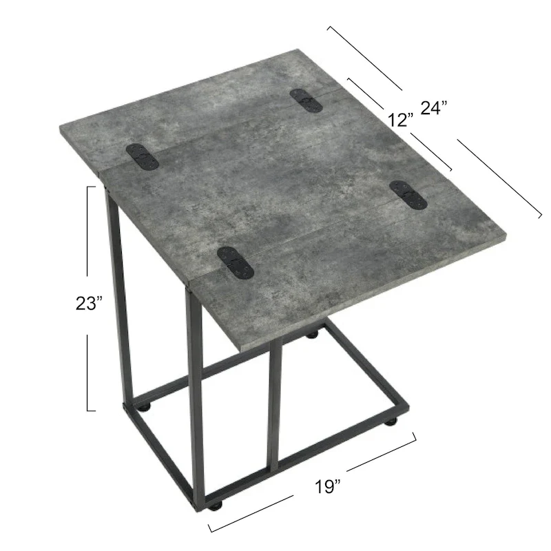C-Shape Side Table, Faux Stone Top, Black Frame, Space-Saving Design