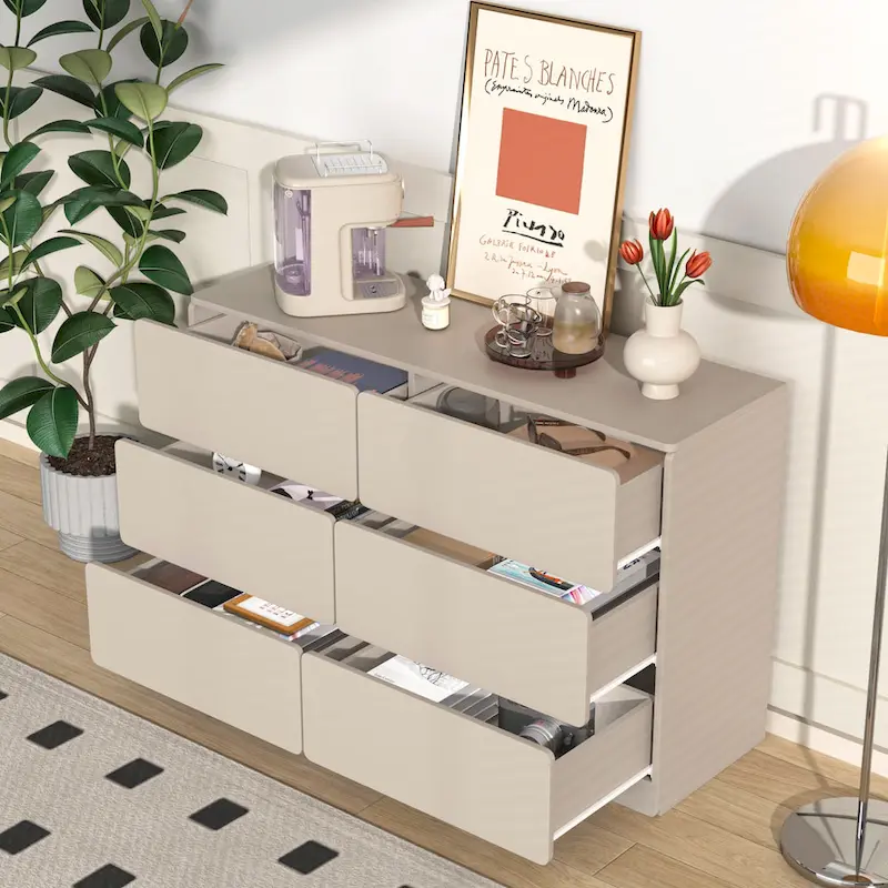 6-Drawer Side Cabinet with Rounded Edges – Brown / Grey / Dark Grey, Scratch-Resistant Surface