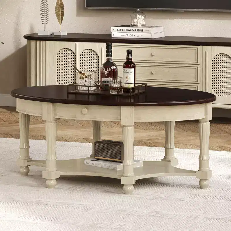 French Vintage Country Oval Coffee Table with Drawer and Lower Storage Shelf for Living Room