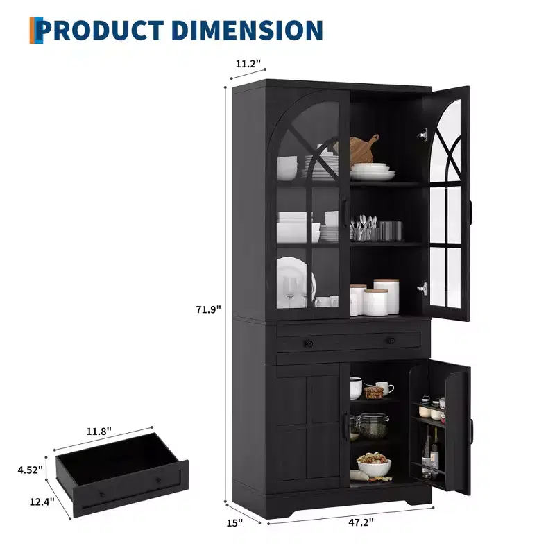 Farmhouse 72 Tall Kitchen Pantry Cabinet with Arched Glass Doors & Adjustable Shelves