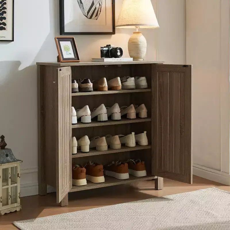 Vintage Shoe Cabinet, Shoe Rack with 2 Doors and 4 Shelves, Storage Cabinet for Living Room, Dining Room, Kitchen, Taupe