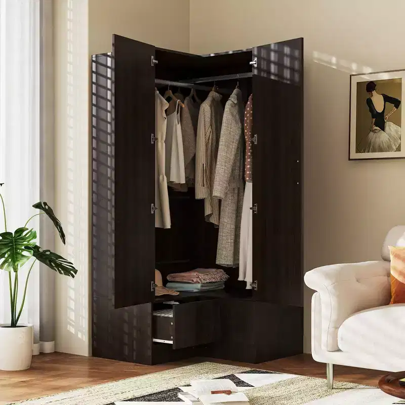 Famapy Modern Corner Armoire with Two Hanging Rods & Drawers,Sturdy Build  Space-Saving Storage Solution for Bedroom Corner & Beyond