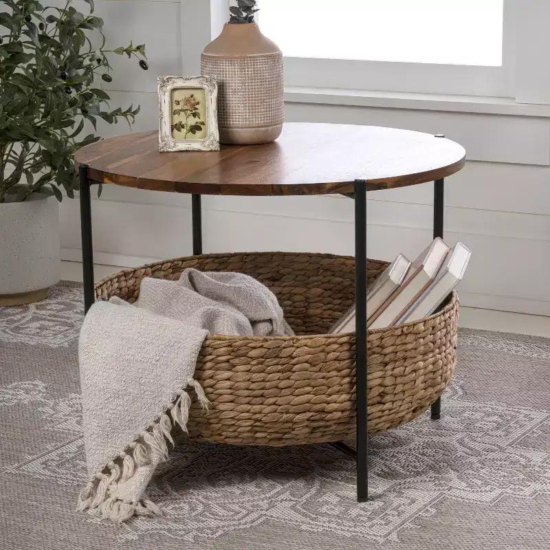 Modern Coastal Round Acacia Wood & Water Hyacinth Coffee Table with Storage Basket