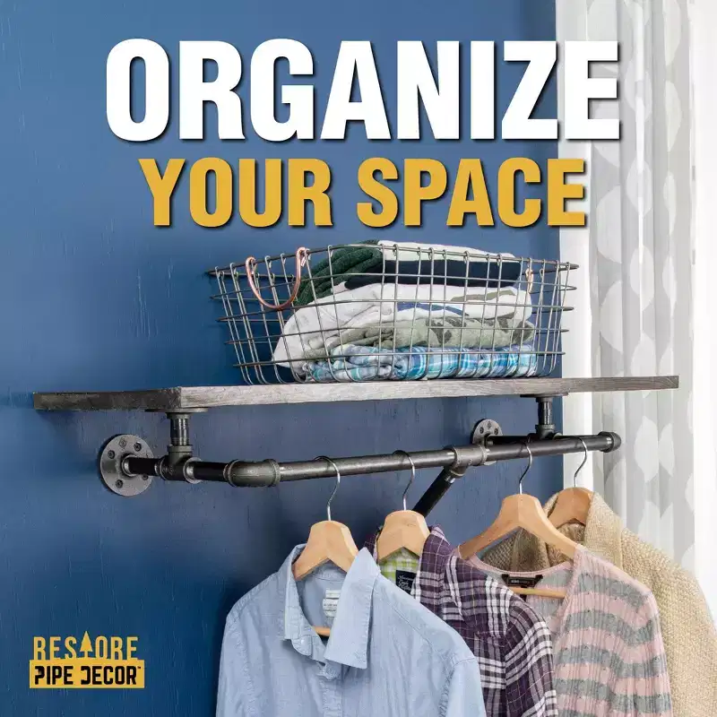 Pipe Decor 24 in. Wall Mounted Clothing Rack with Wood Shelf, Trail Brown