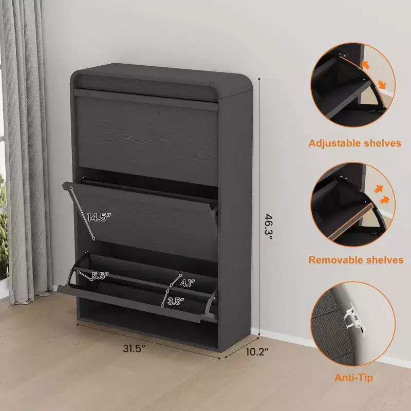 GarveeHome Shoe Cabinet with 3 Flip Drawers, Wooden Shoe Organizer Cabinet with Adjustable Shelf, Shoe Storage, Hidden Shoe Cabinet for Entryway