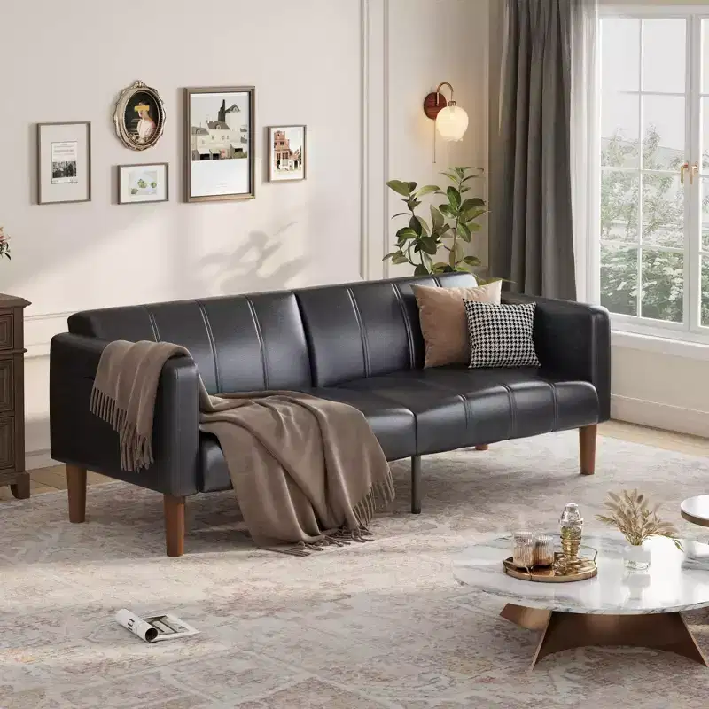 75 in Futon Sofa Bed, Convertible Sleeper, Faux Leather Small Couch, Loveseat, Mid-Century Modern Couch for Living Room, Bedroom