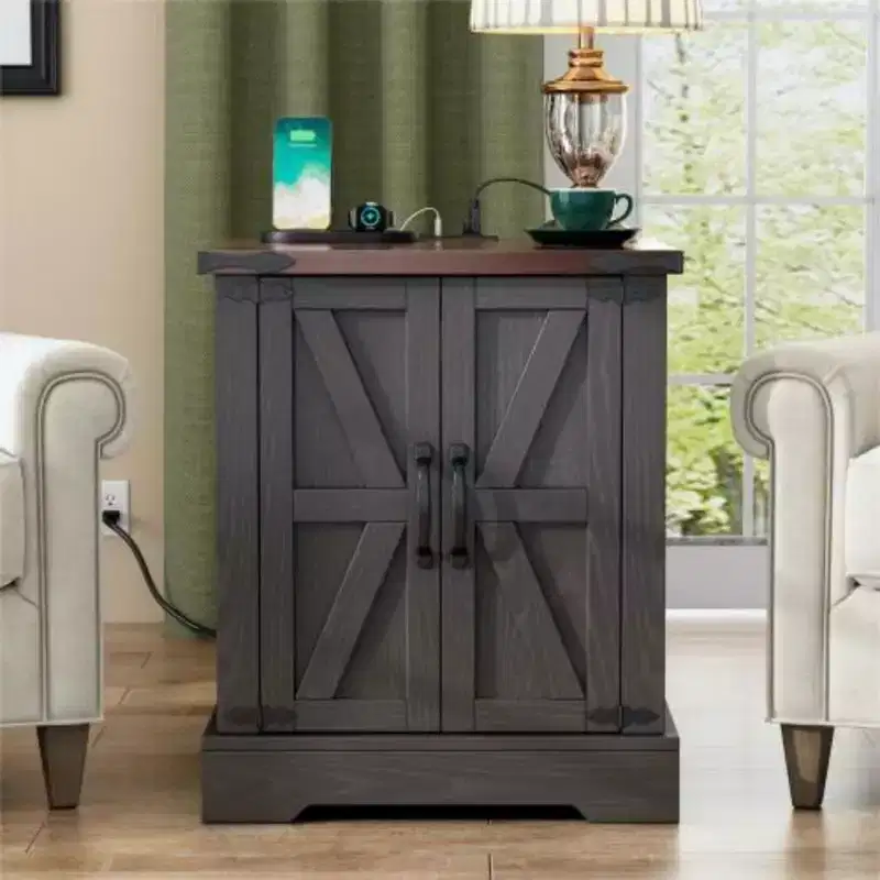 19.6W Versatile Walnut Sofa Side Table with Barn Doors & Retro Hinges for Bedroom, Living Room, Grey