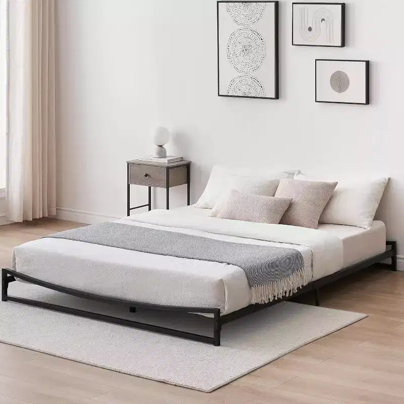 Queen Size Low-Profile Metal Platform Bed Frame, Concave Headboard, No Box Spring Required, 25x167x17 in