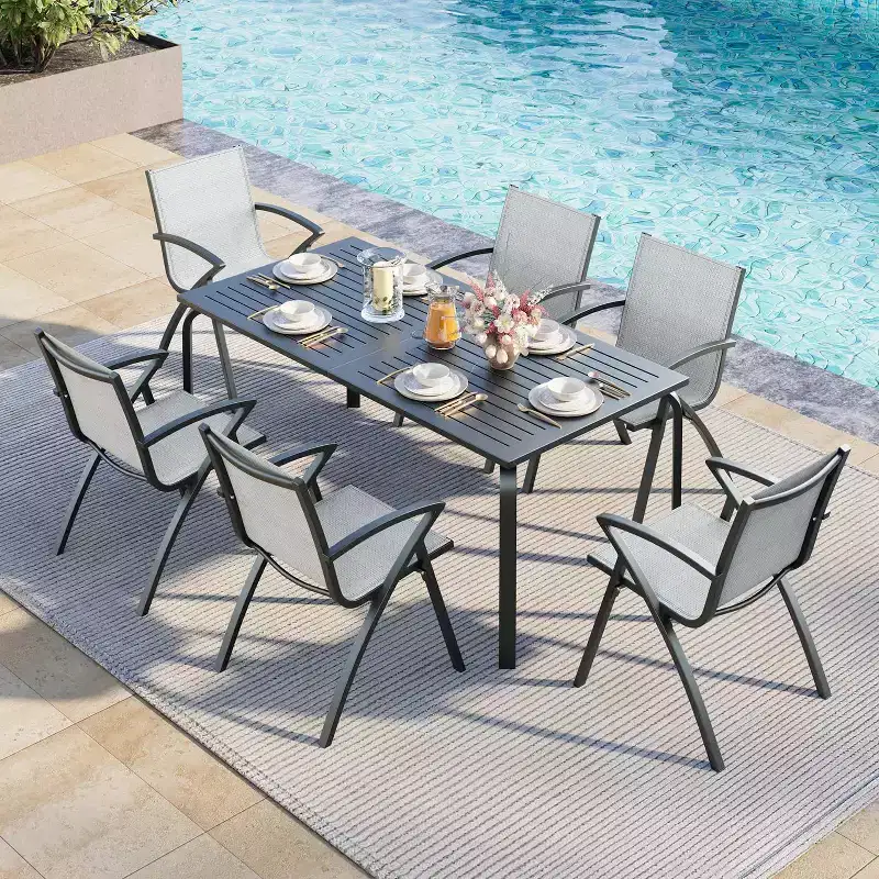 6PCS Modern Aluminum Outdoor Dining Chairs - Quick-Dry Textilene Fabric, Ergonomic Design for Patio, Poolside, Restaurants - Gray