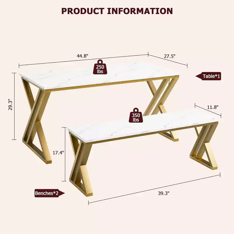 4-Person Dining Set: Rectangular Faux Marble Tabletop & 2 Benches with Metal Frame - Space-Saving for Kitchen, Dining Room & Apartment.