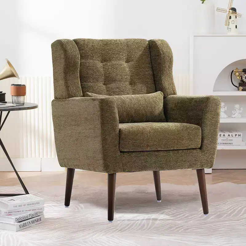 Modern Accent Chair, Upholstered High Reading Chair with Fabric and Wood Legs, Avocado Armchair for Living Room Bedroom