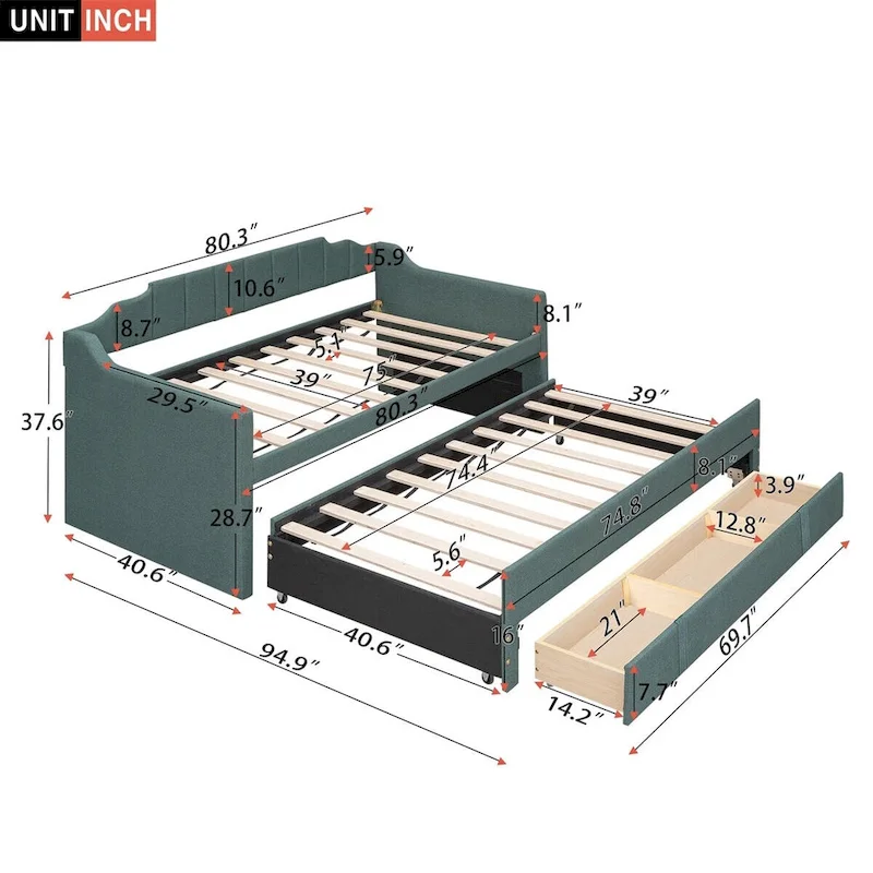 Twin Upholstered Daybed with Trundle and 3 Storage Drawers, Modern Guest Bed