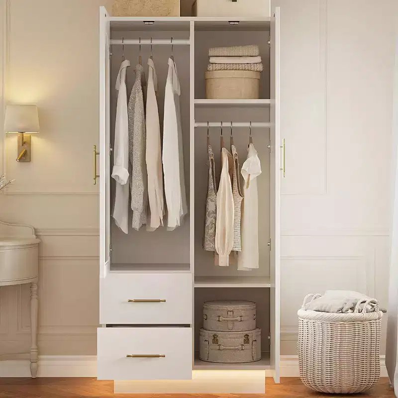 Bedroom Wardrobe , 71 Tall Wooden Large Storage Cabinet with Modern Glass & Shelves, w/Hanging
