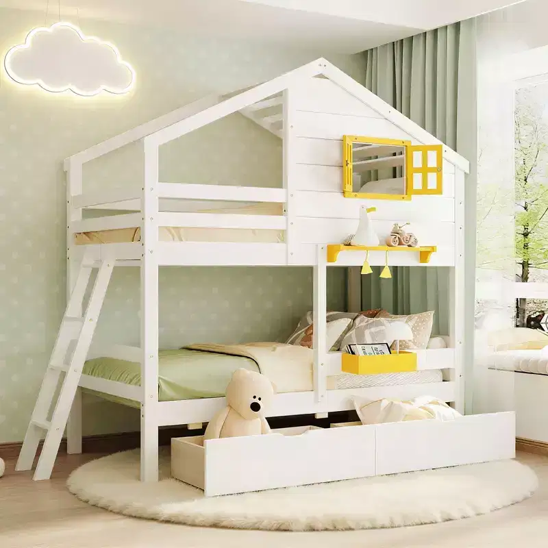 Twin over Twin House Bunk Bed with 2 Drawers, Storage Shelves and Window