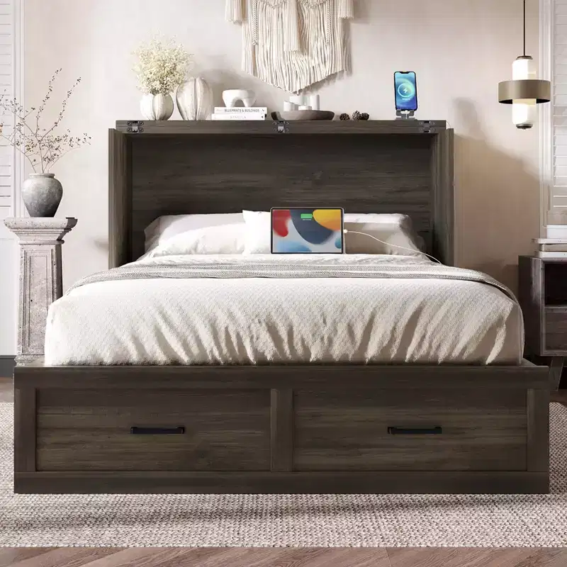 FAMYYT Full Size Foldable Platform Bed With Charging Station, Storage Drawer, Easy Assembly