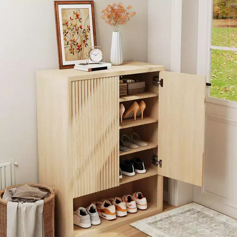 44.5 Fluted Shoe Storage Cabinet for Entryway, Modern 5-Tier Shoe Organizer with Adjustable Shelves and Open Shelf - Natural Oak