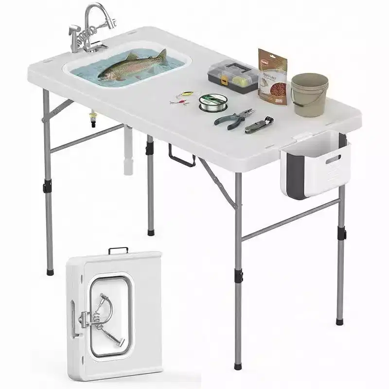 Folding Fish Cleaning Table with Sink & Hose Hookup, 50 Outdoor Camping Sink Table Portable for Fishing, Hunting, RV, Backyard