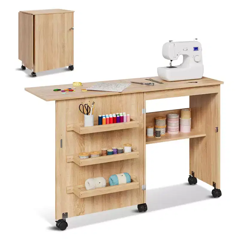Folding Sewing Table and Compact Craft Station with Lockable Wheels, Sewing Machine Desk with Storage Shelves, Trays and Pegs