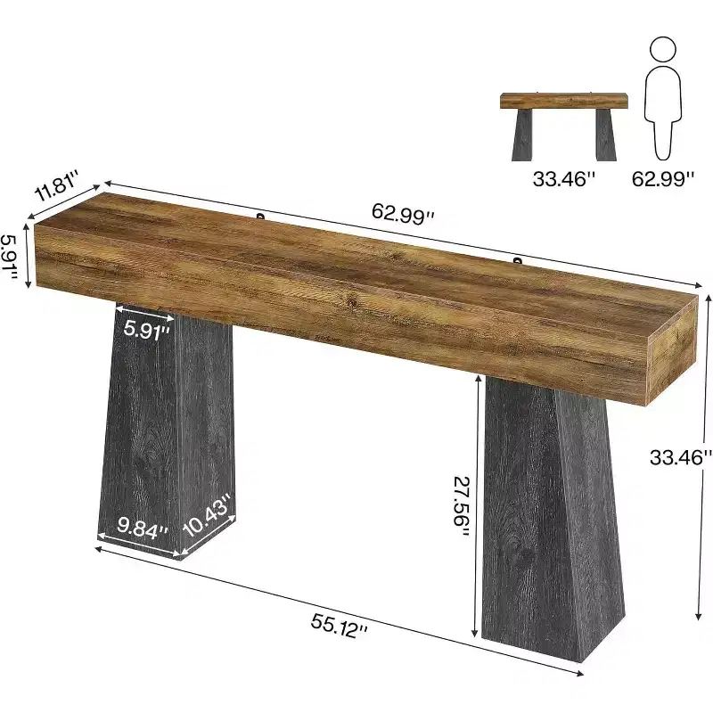 Lantine 63-Inch Farmhouse Entryway Table, Long Wooden Sofa Console Table with Double Trapezoid Bases for Living Room, Hallway, Entrance