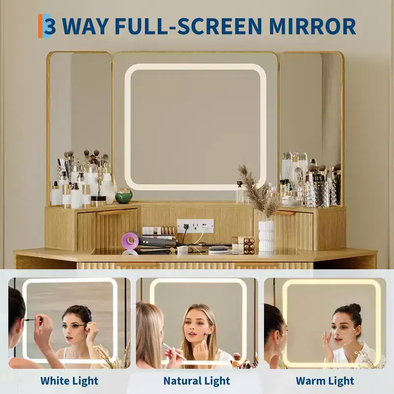 Acekool Corner Fluted Makeup Vanity Desk with Glass Top, Mirror & Stool for Bedroom