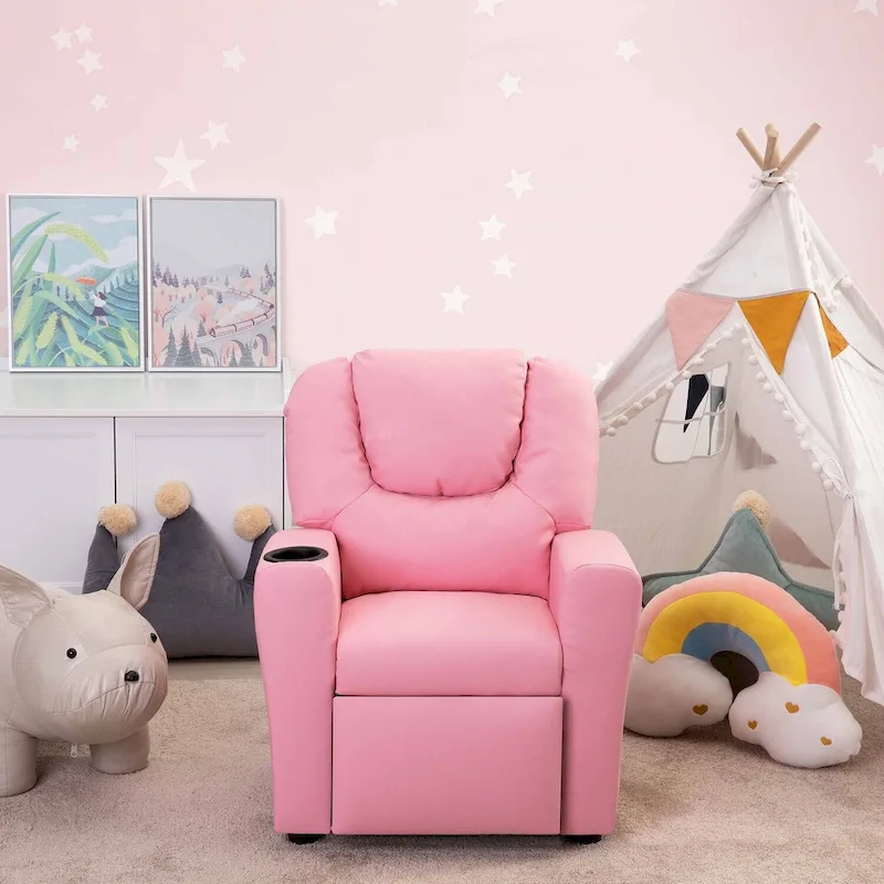 PVC Kids Recliner Chair with Push-Back Reclining Function, Cup Holder, and Comfortable Footres