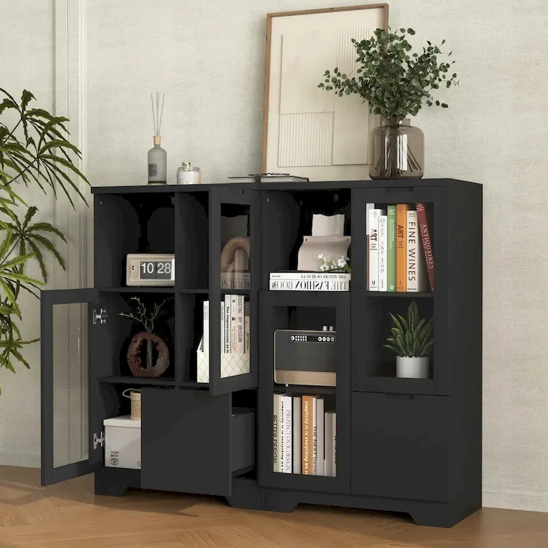 Wooden Floor Cabinet with 2 Glass Doors and 2 Storage Space