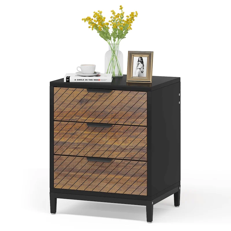 3-Drawer Nightstand with Gold Handles, Light Wood Grain, Particle Board and Metal Frame, 19.69W x 15.75D x 24.6H in