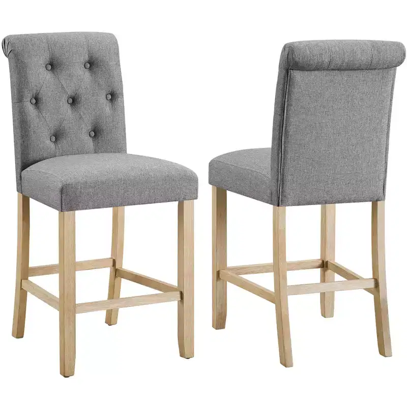 Roundhill Furniture Siena Counter Height Button Tufted Back Solid Wood Stools, Gray, Set of 2